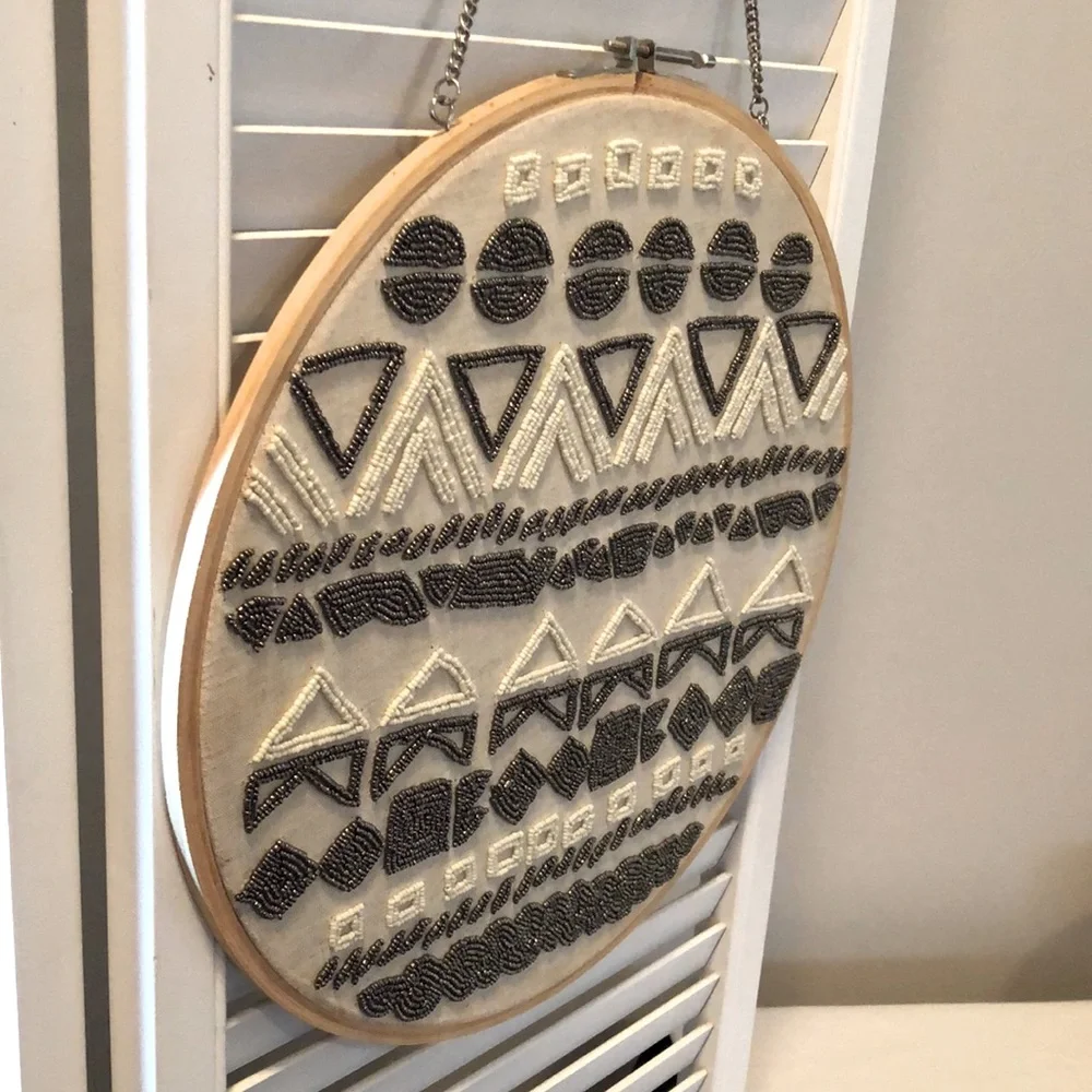 Beautiful Vintage Beaded Indian Design Wall Hanging on embroidery hoop w/chain.